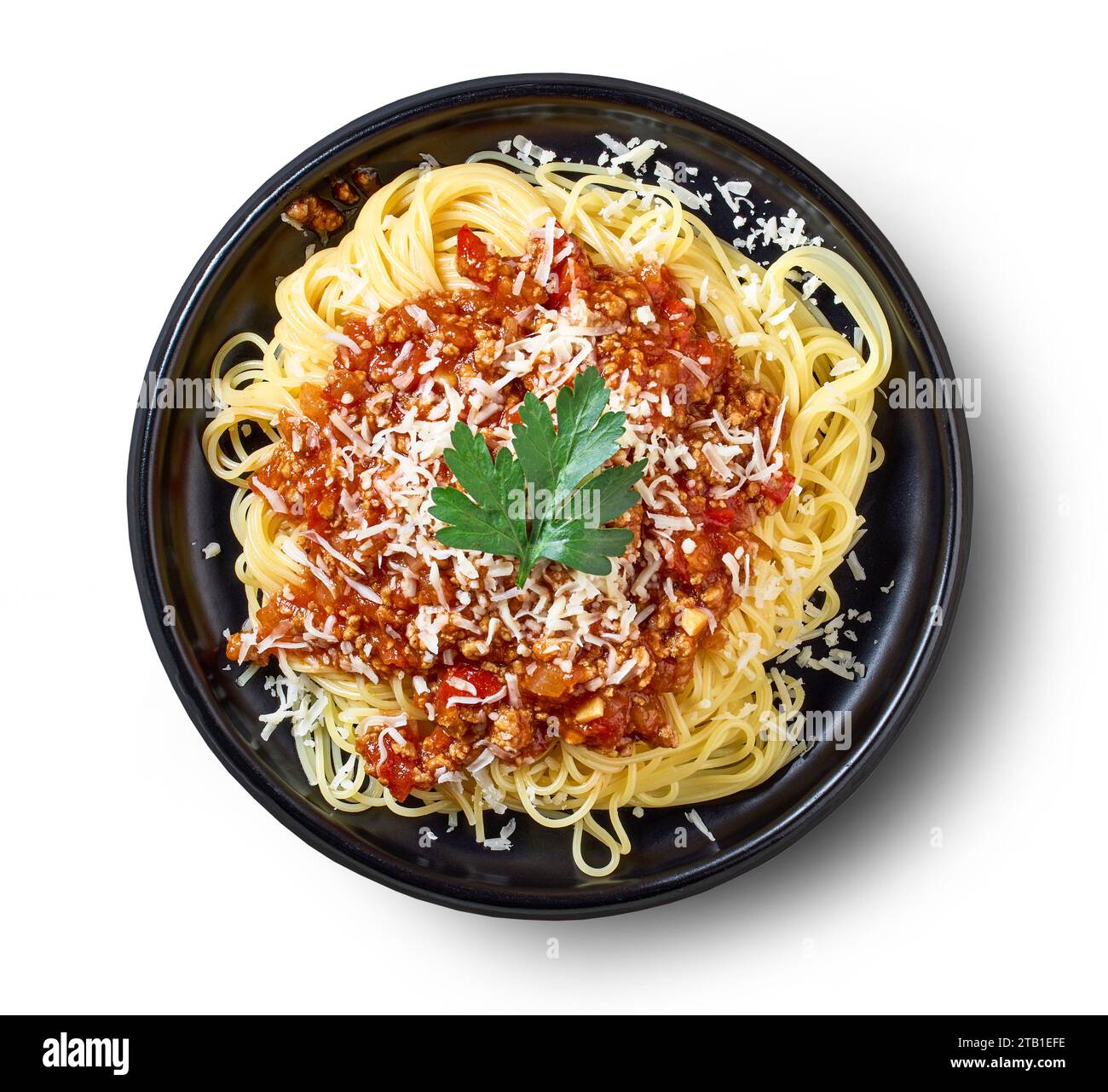 Teller mit Nudelspaghetti mit Sauce Bolognese isoliert auf weißem Hintergrund, Blick von oben Stockfoto