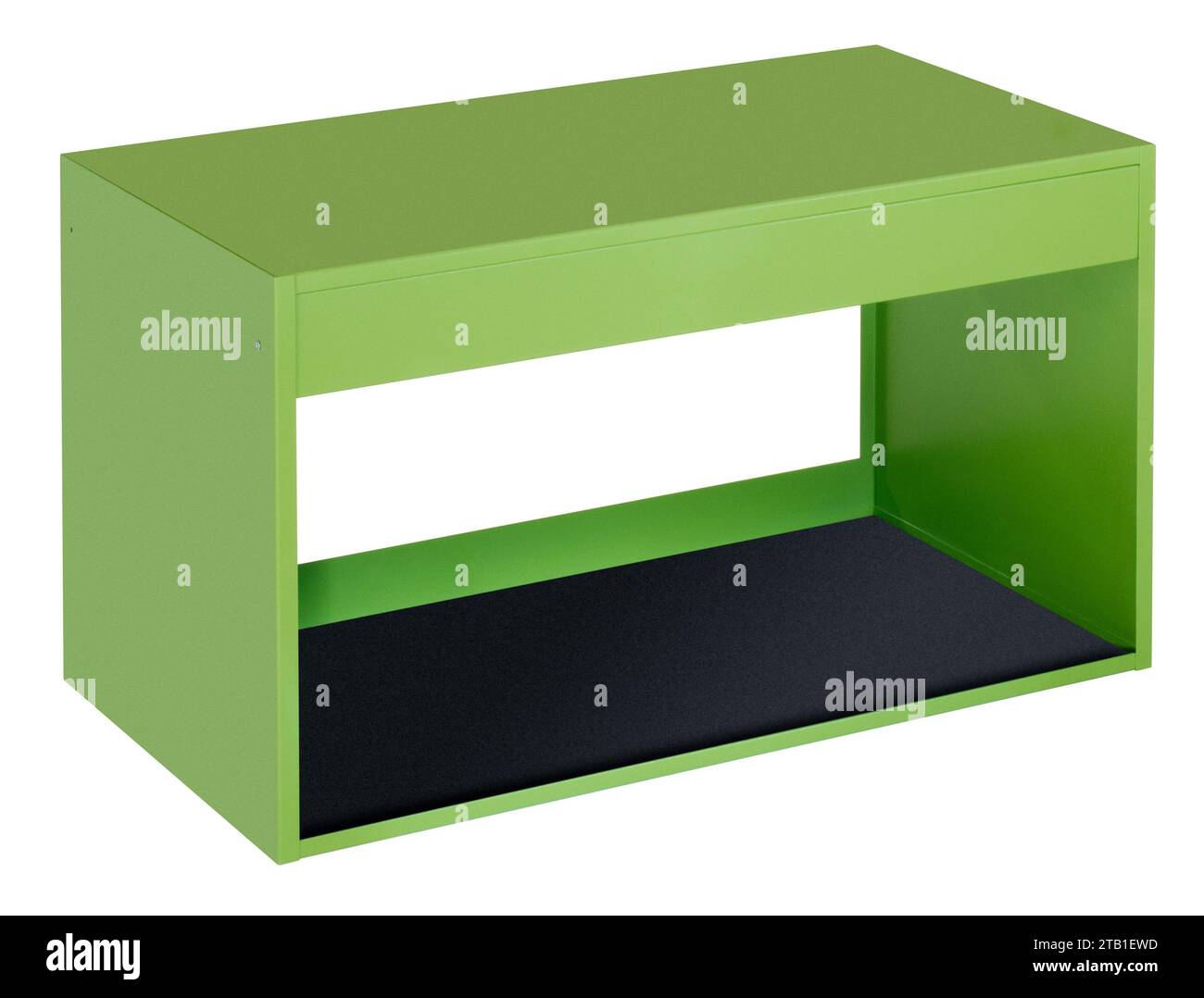 Grünes, behälterähnliches Rack mit weißer Rückseite isoliert Stockfoto