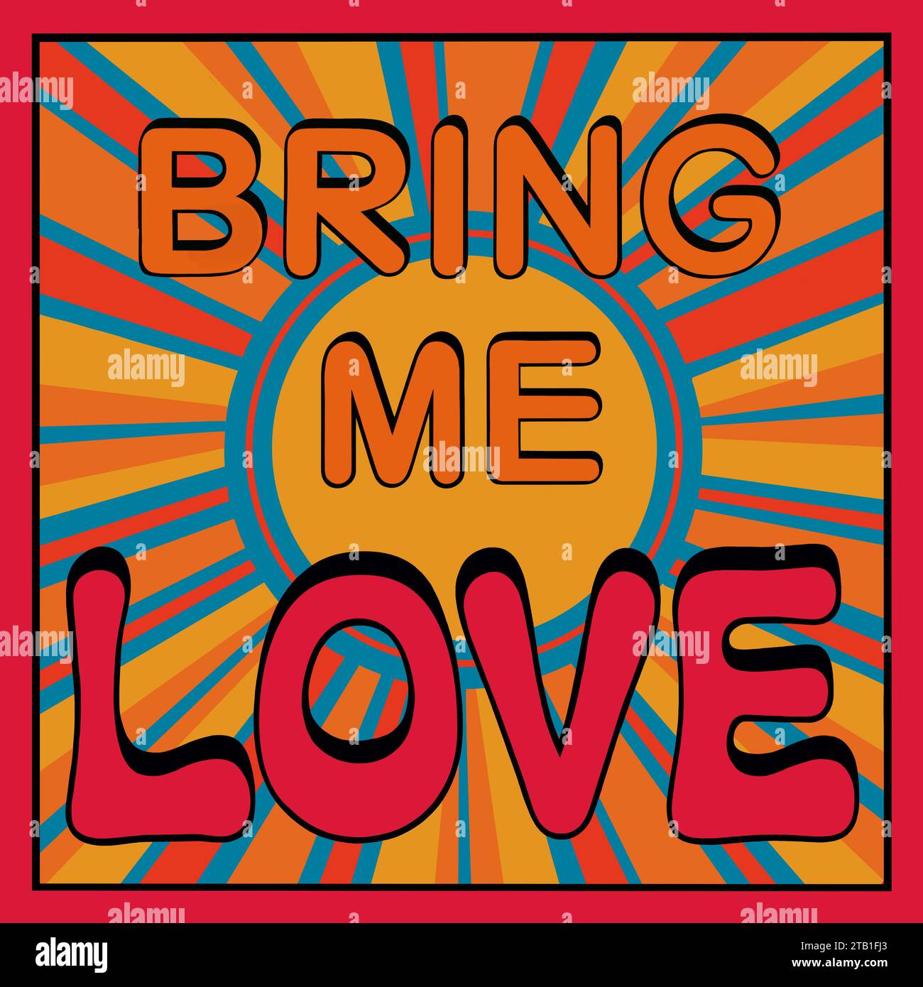 Retro-Love-Design. Leuchtende und farbenfrohe Liebesabbildung. Summer of Love Vibe. Hippie-Kultur von 1970. Frohe Kunst im Sommer. Modernes und auffälliges Design. Stockfoto