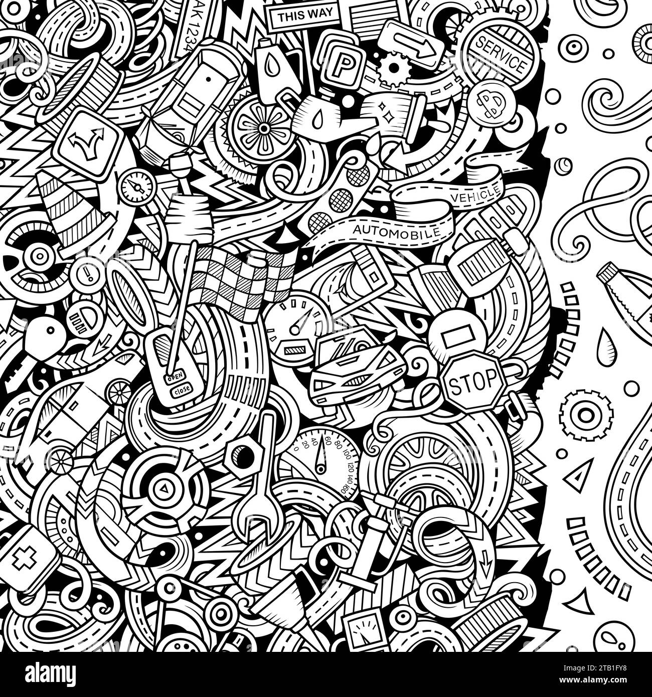 Cartoon niedlichen Kritzeleien Fahrzeug Frame-Karte. Line Art detailliert, mit vielen Objekten Hintergrund. Alle Objekte getrennt. Grenze mit Autos Symbole und Gegenstände Stock Vektor