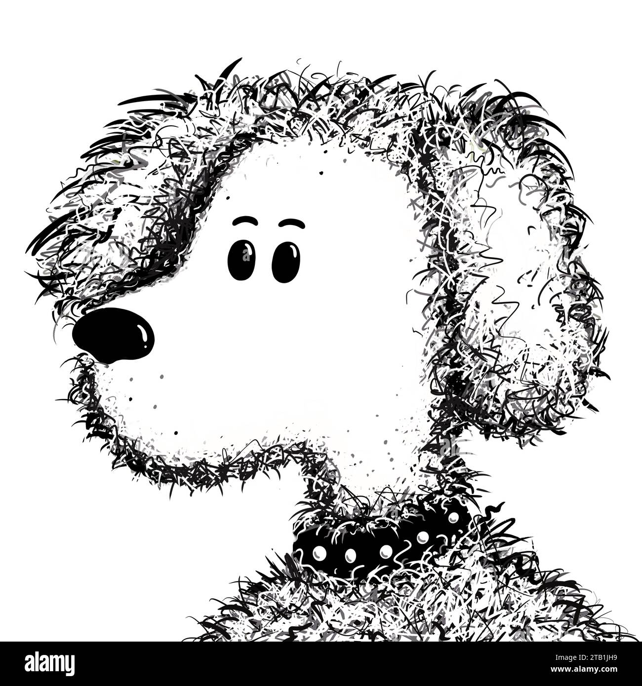 Illustration des schmutzigen Hundes. Weißer flauschiger Hund im Cartoon-Stil. Niedliches weißes Hündchen mit lockigem, schmutzigem Fell. Der beste Freund von Mans. Einfaches, modernes Design. Stockfoto