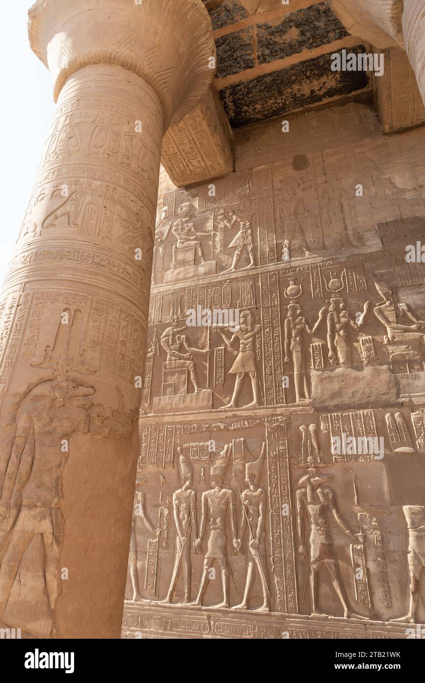 Ägyptische Hieroglyphen an Wand und Säule im KOM-Ombo-Tempel Stockfoto