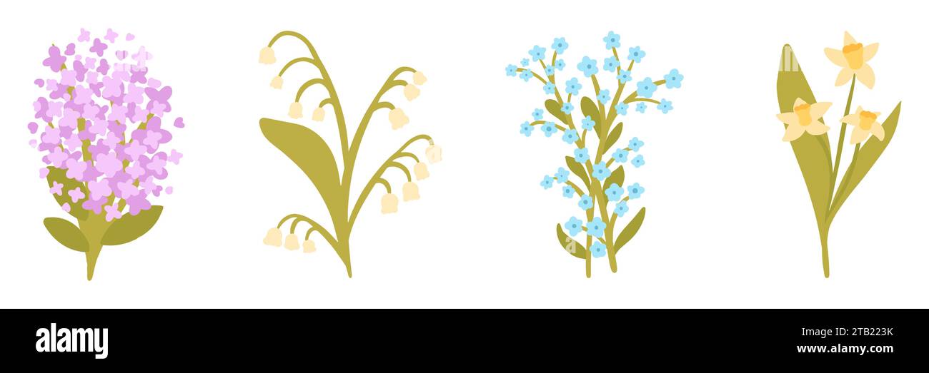 Blumensammlung. Set mit verschiedenen Frühlingsblumen-Illustrationen in Pastellfarben. Vektorabbildung. Stock Vektor