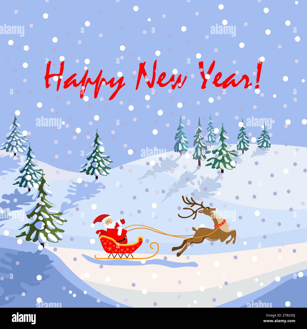 Glückwunschkarte für das neue Jahr, weihnachtsmann auf einem Schlitten mit Rentieren, nicht KI, handgezeichnet Stock Vektor