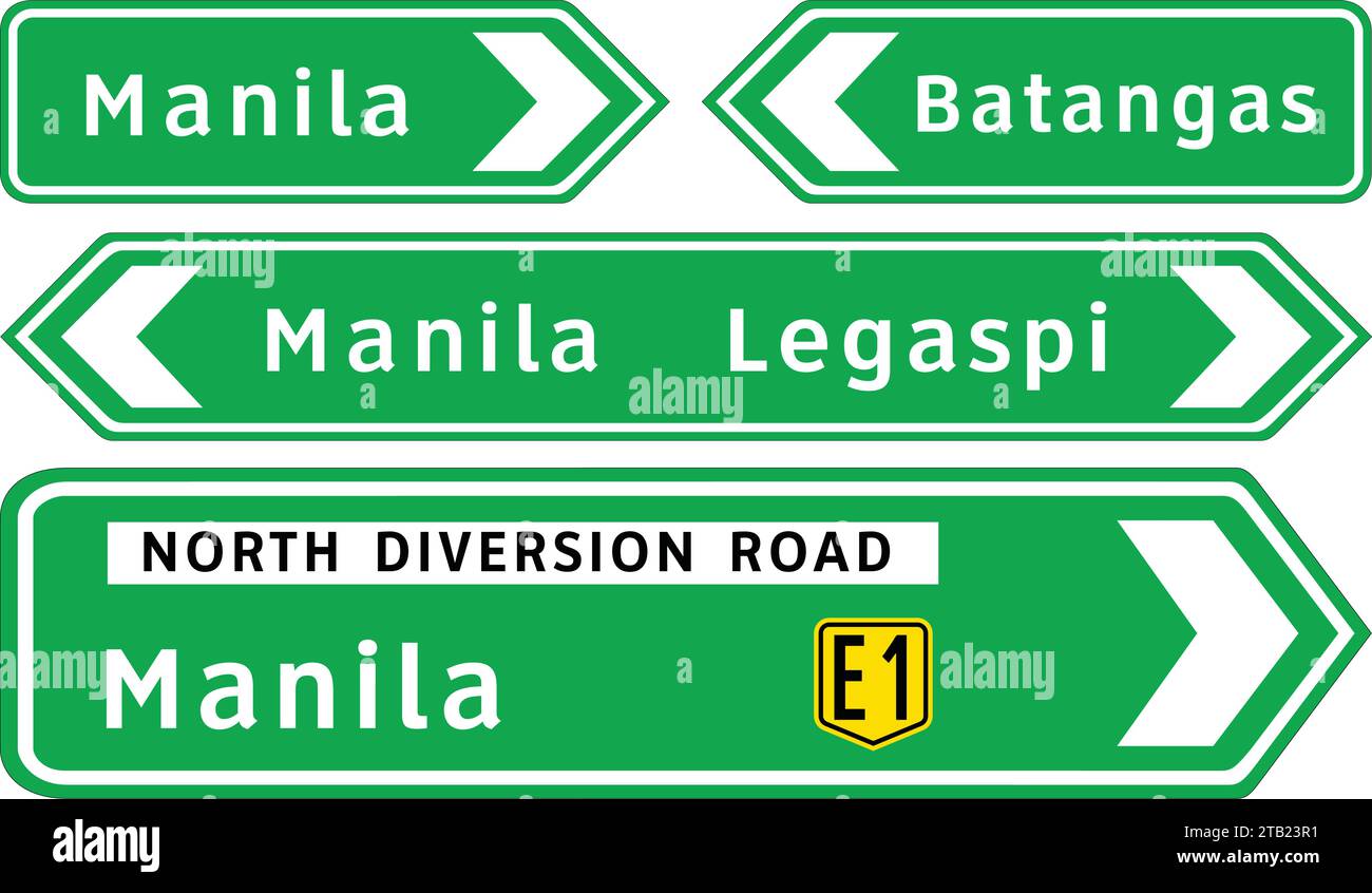 Wegweiser an Kreuzungen, Straßenschilder auf den Philippinen, Verkehrsschilder weisen auf die Anwendung gesetzlicher oder gesetzlicher Vorschriften hin. Stock Vektor
