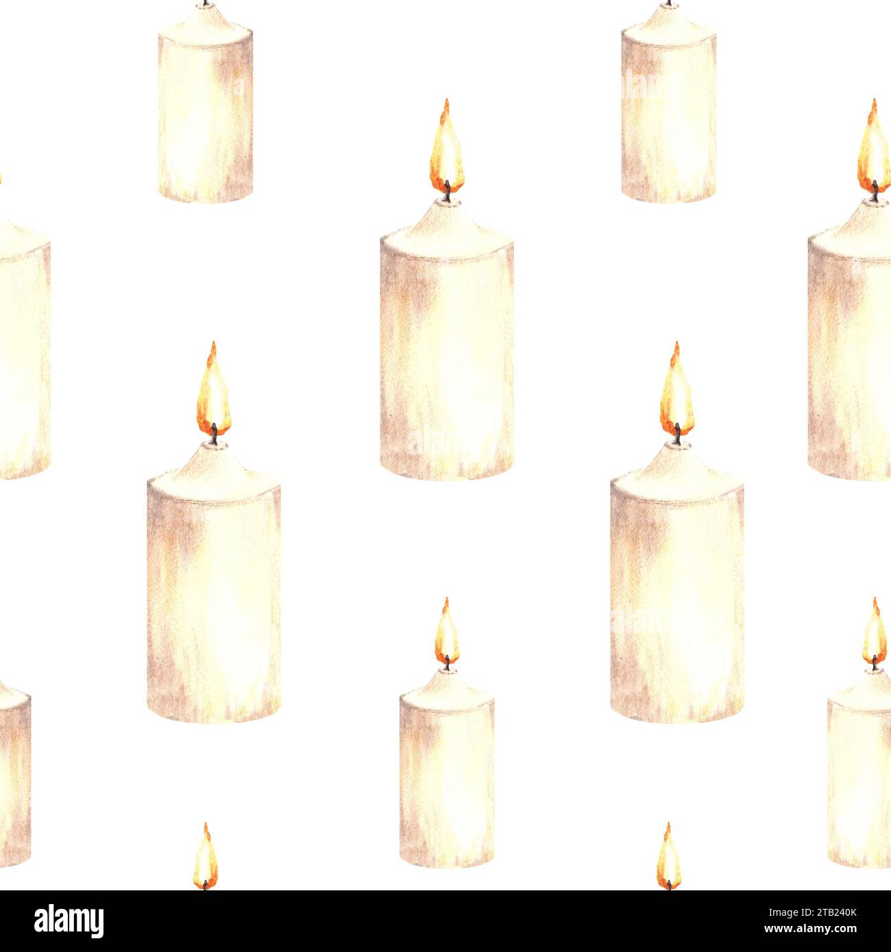Nahtloses Aquarellmuster brennender, beigefarbener Wachskerzen mit Kerzendocht. Handgezeichnete Abbildung. Romantisches Clipart bei Kerzenschein als Geschenk Stockfoto