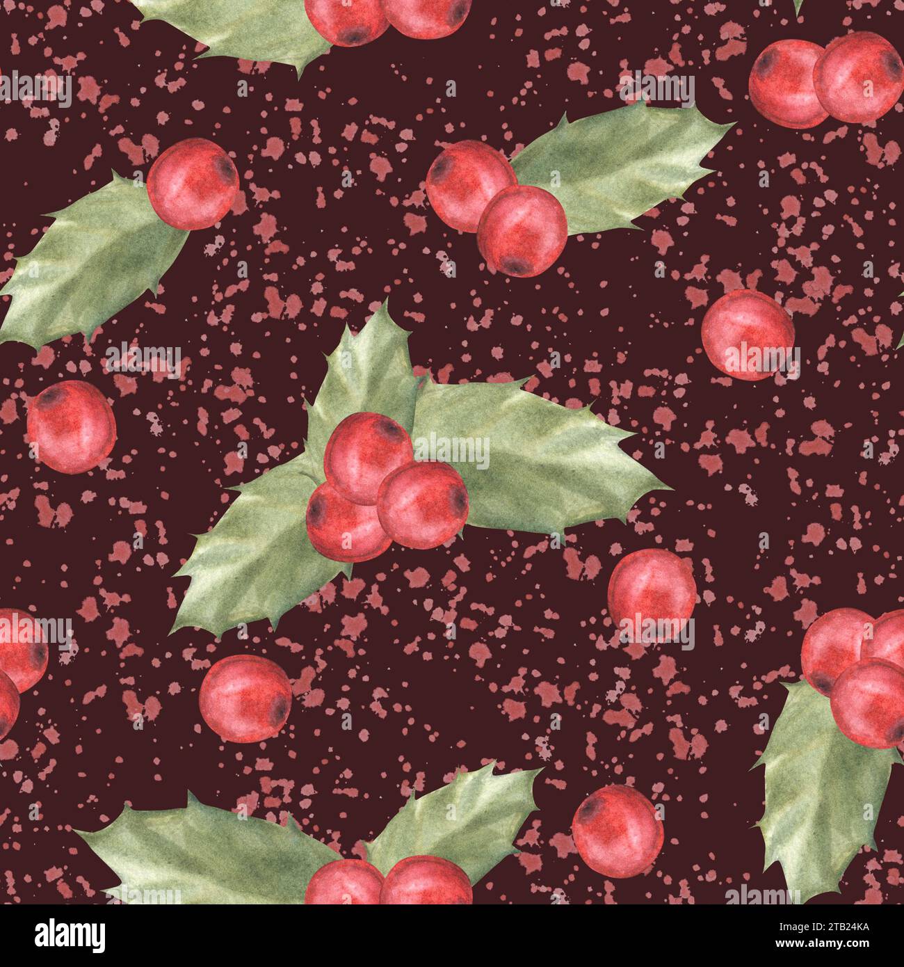 Aquarellgemalte Illustration von roten stechpalmenblättern und Beeren mit Spritzern. Nahtloses Design für Weihnachten oder Neujahr, Geschenkverpackung Stockfoto