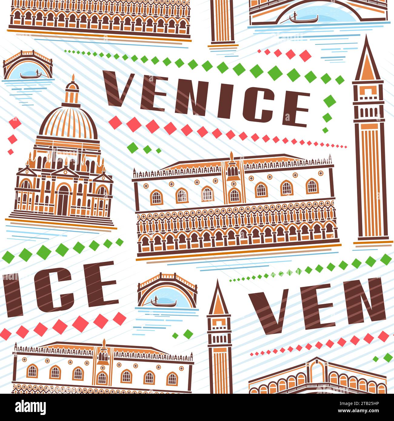 Vektor Venedig nahtloses Muster, quadratischer Wiederholungshintergrund mit Umrissillustration der berühmten venedig Stadtlandschaft auf weißem Hintergrund, dekorative Linie AR Stock Vektor