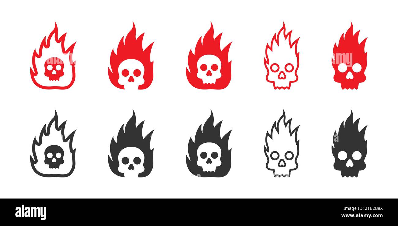 Symbolsatz „Feuerschädel“. Symbol „Flammender Schädel“. Logo für brennenden Kopf. Vektorabbildung Stock Vektor