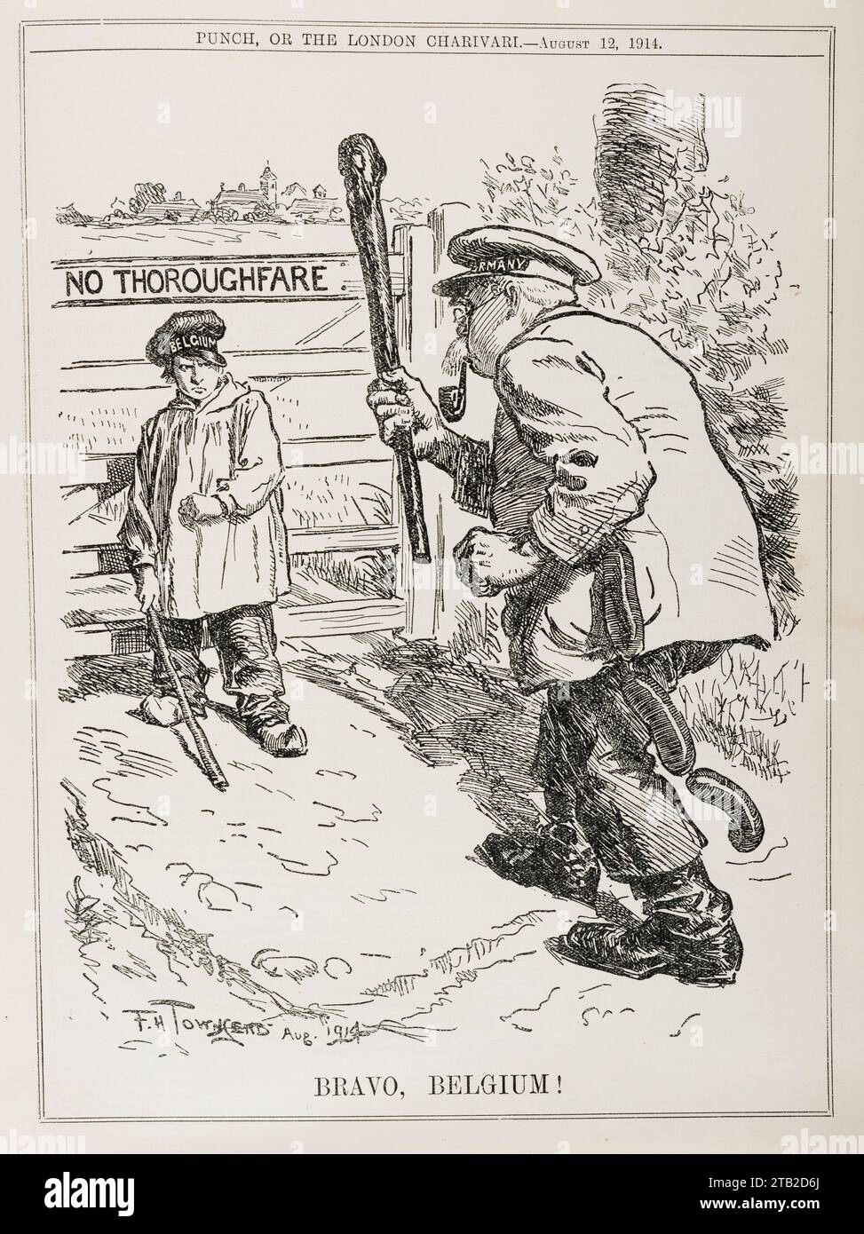 Ein Cartoon aus dem Magazin Punch vom 12. August 1914, eine Woche nach Ausbruch der Kämpfe, als Deutschland dem neutralen Belgien den Krieg erklärte. Stockfoto