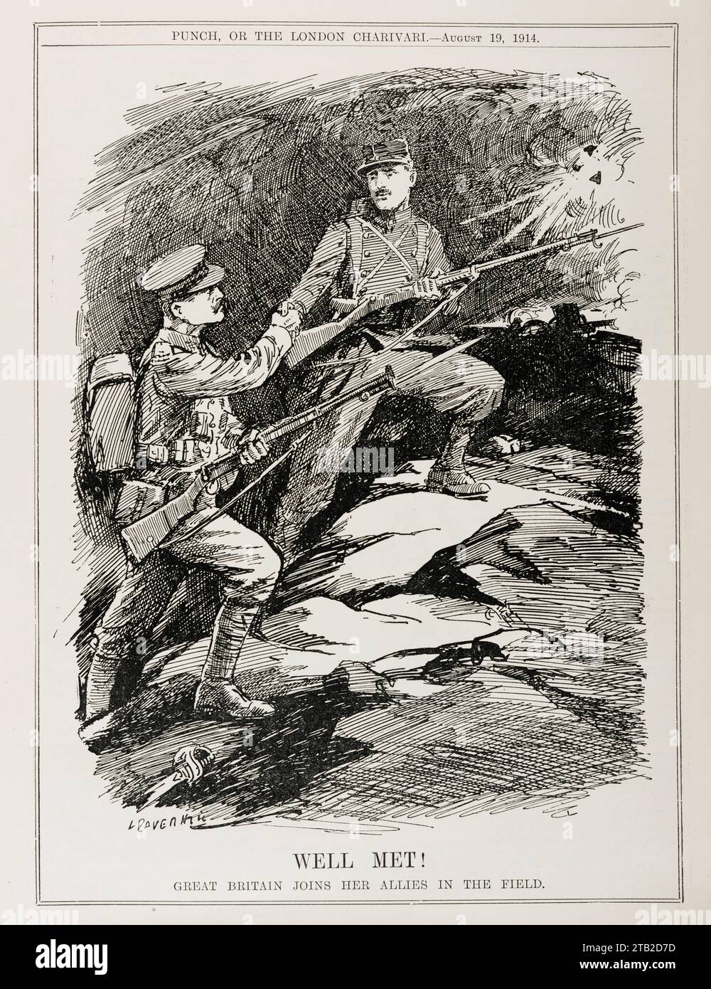 Ein Comic vom August 1914 aus dem Magazin Punch, der die Kriegserklärung Großbritanniens gegen Deutschland (4. August 1914) und den anschließenden Eintritt in den Ersten Weltkrieg markiert. Ein britischer Soldat begrüßt einen französischen Soldaten an der Westfront Stockfoto