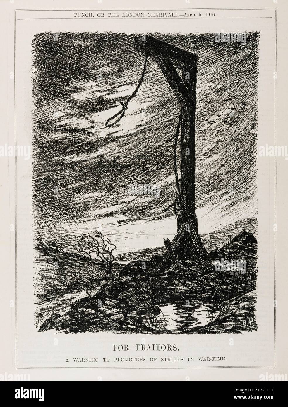 Ein unheimlicher Cartoon aus dem Jahr 1916 aus dem Punch Magazin, der eine populäre Ansicht zeigt, wie Arbeiter bestraft werden können, die sich für einen Streik in Kriegszeiten entschieden haben. Arbeitskampfmaßnahmen aus verschiedenen Gründen waren in Großbritannien während des Ersten Weltkriegs nicht ungewöhnlich Stockfoto