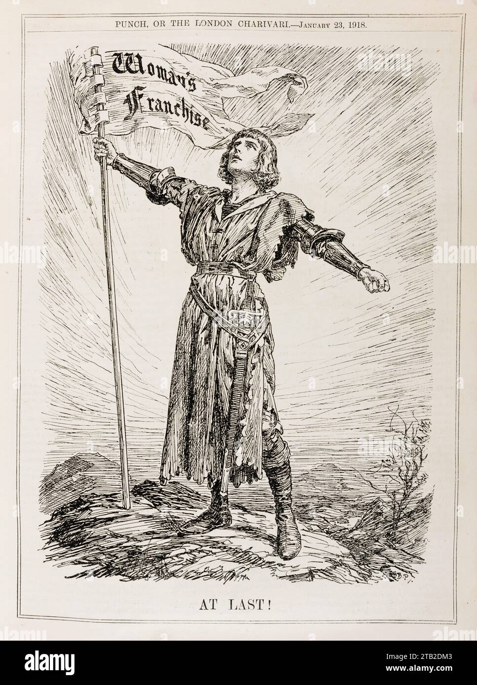 Ein Cartoon aus dem Jahr 1918 des Magazins Punch markiert die Verabschiedung des Gesetzes des Parlaments, das Frauen das Wahlrecht einräumt. Das Gesetz gewährte die Stimme Frauen über 30 Jahren, die Haushälterinnen waren, den Ehefrauen von Haushältern, Besitzern mit einer Jahresmiete von £5 und Absolventen britischer Universitäten Stockfoto