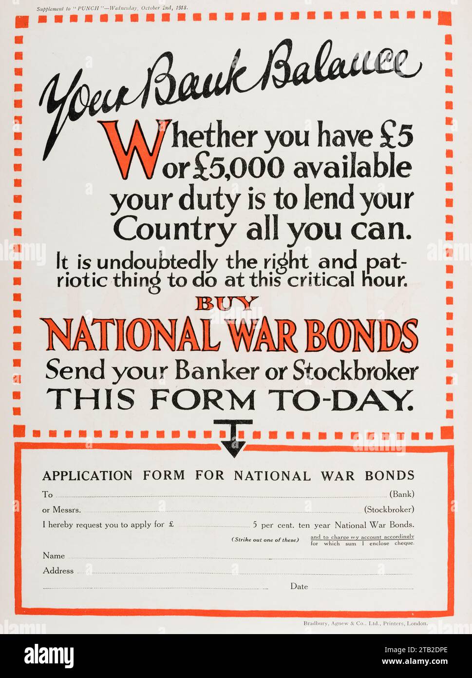 In einer 1918 erschienenen Ausgabe des Punch-Magazins wurden britische Bürger aufgefordert, in Kriegsanleihen der Regierung zu investieren (zu Vorzugszinssätzen), um die Kriegsanstrengungen zu unterstützen Stockfoto