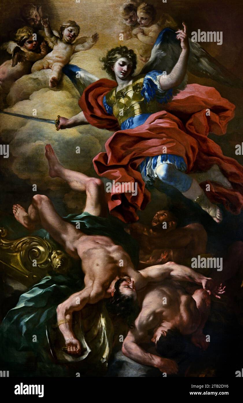 San Michele Arcangelo - St. Michael Erzengel 1690 von Francesco Solimena Chiesa di San Giorgio - Kirche San Giorgio - St. George ist die schönste Barockkirche in Salerno, reich an Fresken von höchster Qualität. Es ist eine der ältesten Klostersiedlungen von Salerno, die auf das frühe 9. Jahrhundert zurückgeht. Stockfoto