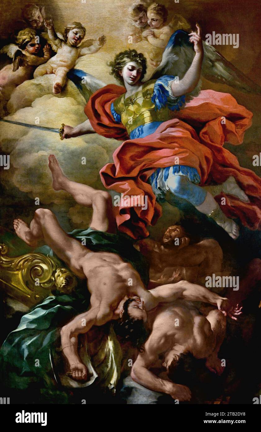 San Michele Arcangelo - St. Michael Erzengel 1690 von Francesco Solimena Chiesa di San Giorgio - Kirche San Giorgio - St. George ist die schönste Barockkirche in Salerno, reich an Fresken von höchster Qualität. Es ist eine der ältesten Klostersiedlungen von Salerno, die auf das frühe 9. Jahrhundert zurückgeht. Stockfoto