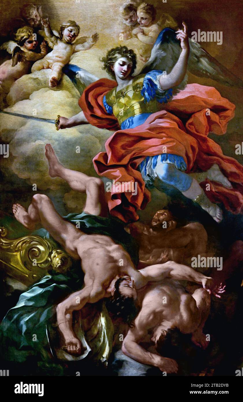 San Michele Arcangelo - St. Michael Erzengel 1690 von Francesco Solimena Chiesa di San Giorgio - Kirche San Giorgio - St. George ist die schönste Barockkirche in Salerno, reich an Fresken von höchster Qualität. Es ist eine der ältesten Klostersiedlungen von Salerno, die auf das frühe 9. Jahrhundert zurückgeht. Stockfoto
