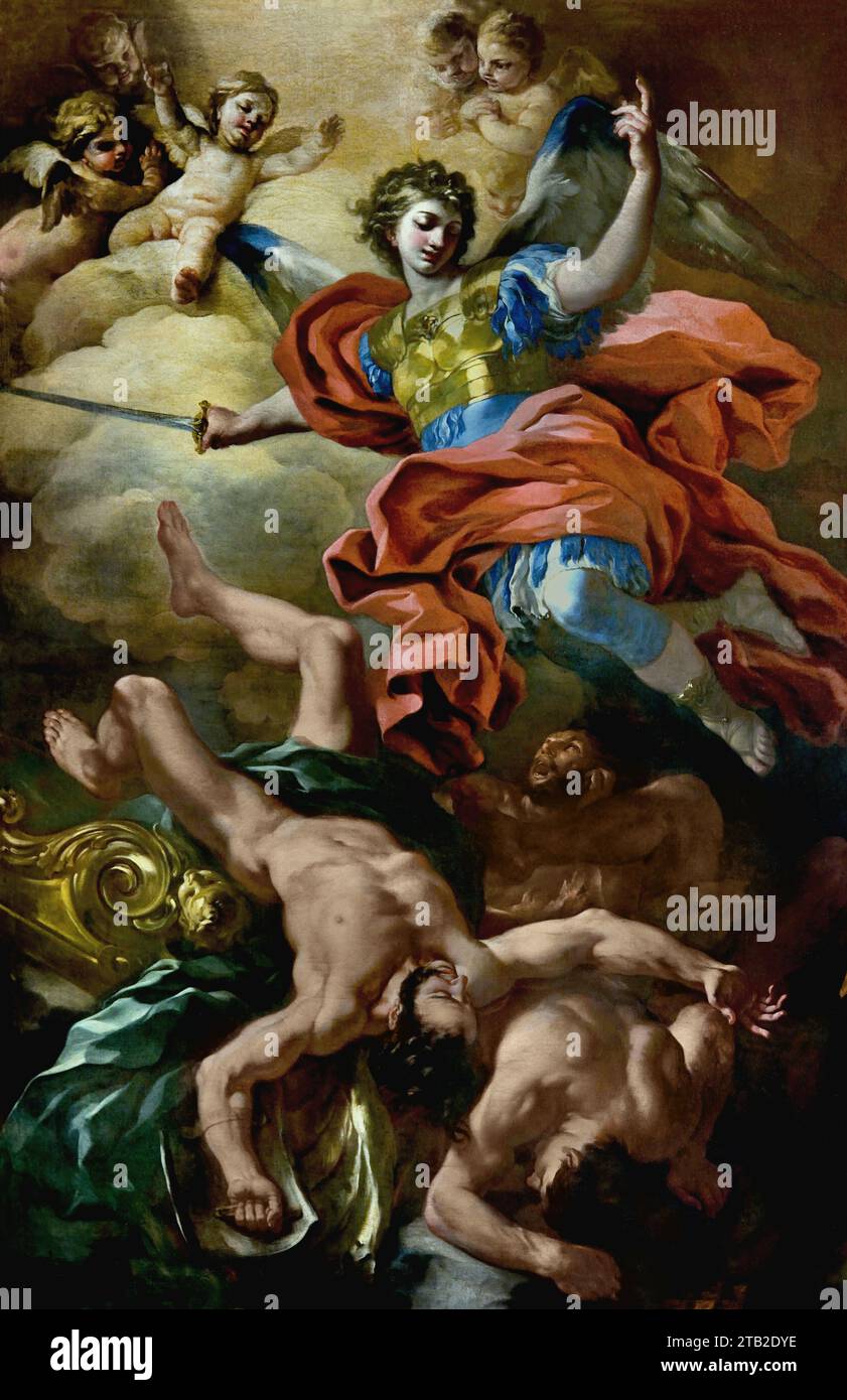 San Michele Arcangelo - St. Michael Erzengel 1690 von Francesco Solimena Chiesa di San Giorgio - Kirche San Giorgio - St. George ist die schönste Barockkirche in Salerno, reich an Fresken von höchster Qualität. Es ist eine der ältesten Klostersiedlungen von Salerno, die auf das frühe 9. Jahrhundert zurückgeht. Stockfoto