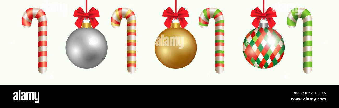 Weihnachtsdekoration. Weihnachtsball, Bogenknoten und Zuckerrohr. 3D-Konstruktion. Rot, grün, Gold und Silber und Textilmuster. Realistische Dekora Stock Vektor