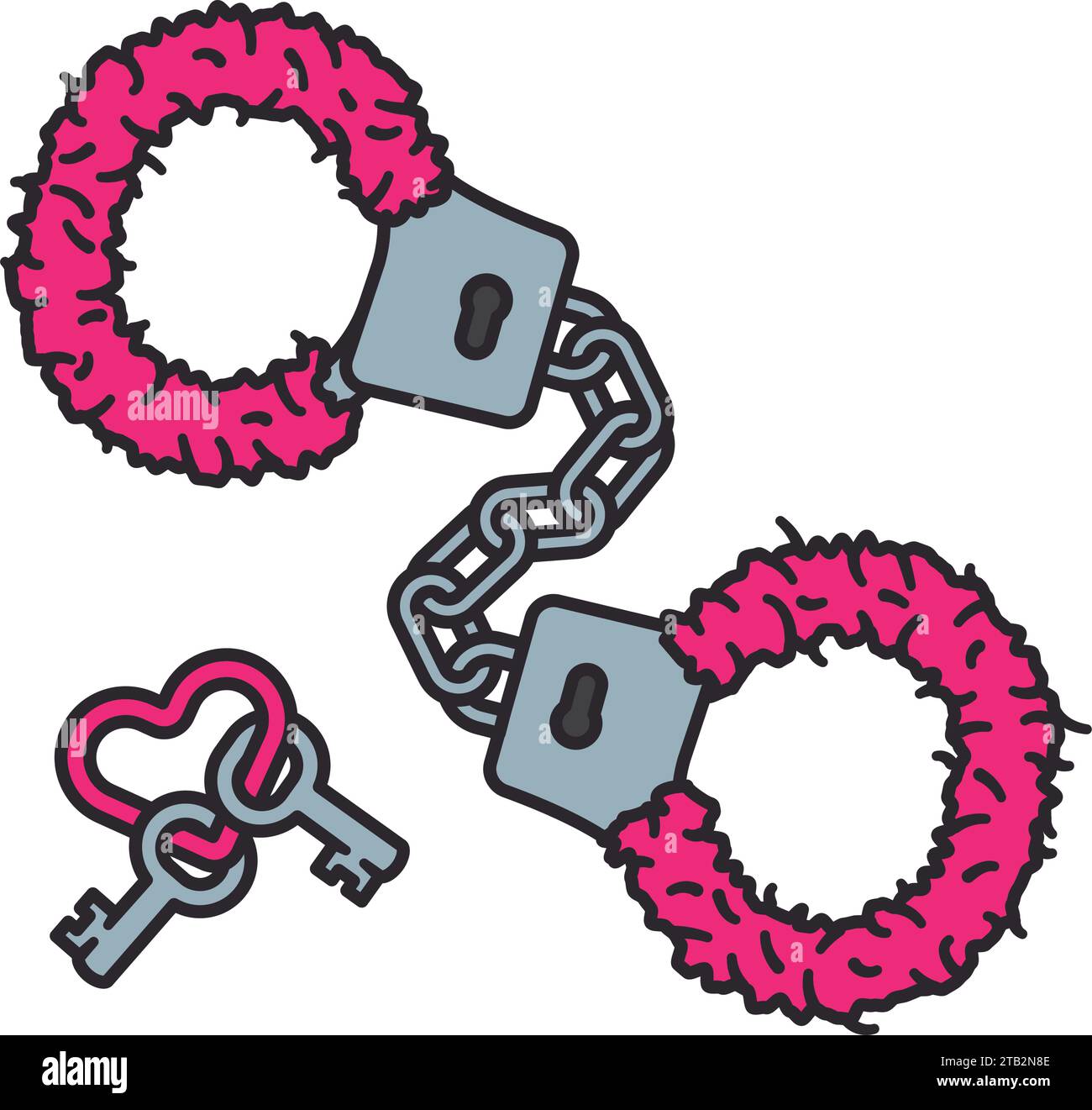 Rosa Fuzzy Handschellen Erwachsenenspielzeug und Schlüssel auf herzförmigem Schlüsselring isolierte Vektor-Illustration Stock Vektor