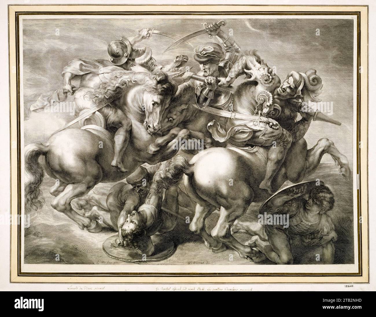 Die Schlacht der vier Reiter (Schlacht von Anghiari), Stich von Gérard Edelinck nach Leonardo da Vinci, 1657-1666 Stockfoto