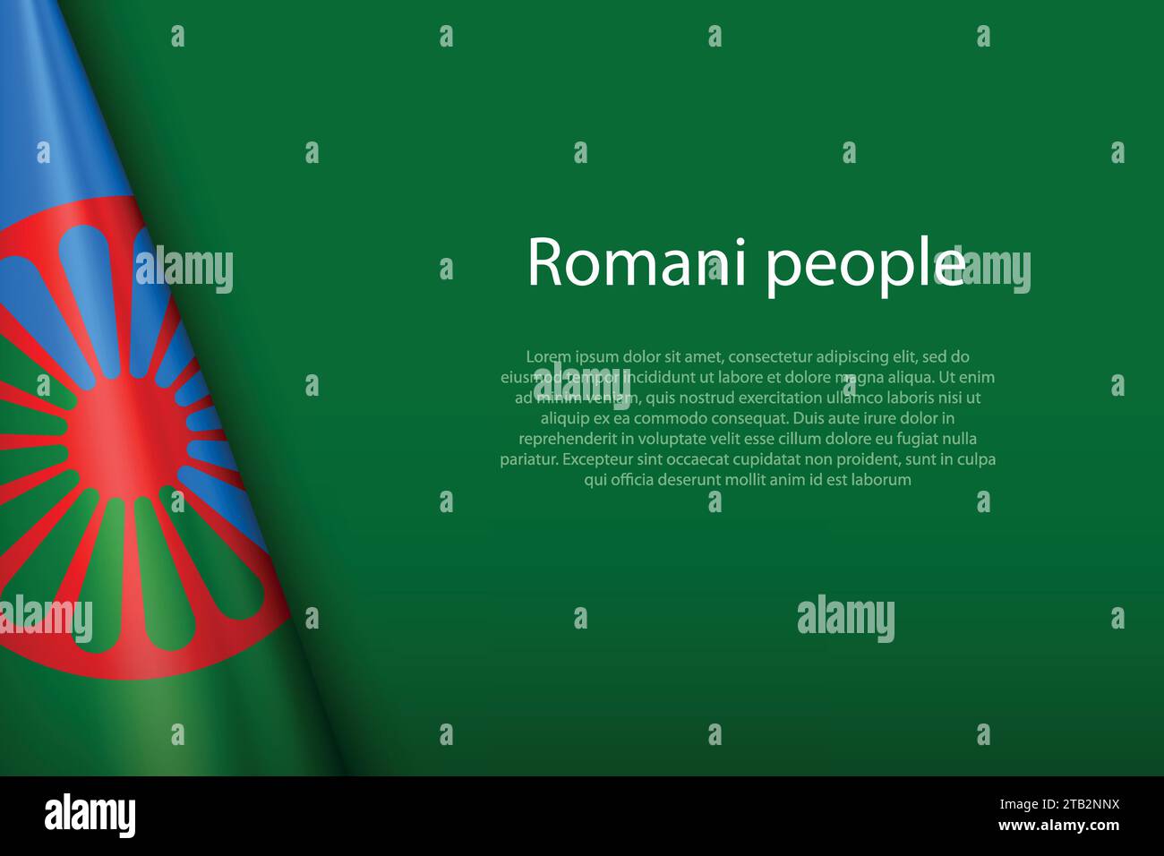 3D-Flagge der Roma, ethnische Gruppe, isoliert auf Hintergrund mit Copyspace Stock Vektor