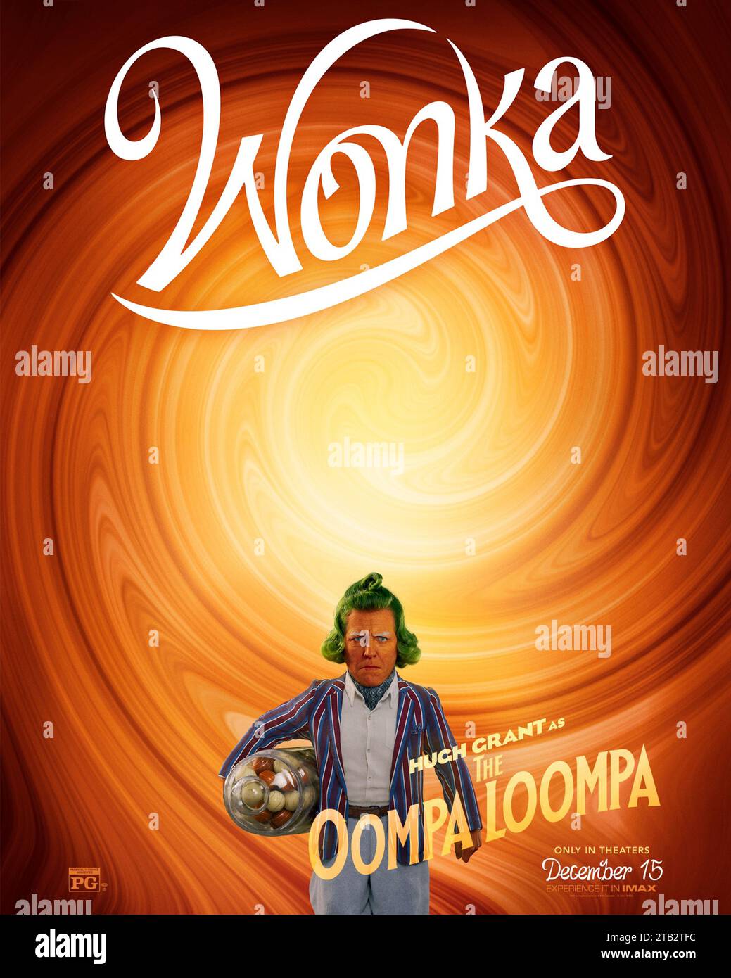 Wonka (2023) von Paul King mit Hugh Grant als Oompa Loompa. Prequel über das frühe Leben von Willie Wonka, der beliebten Kinderfigur aus Roald Dahl's Charlie und der Schokoladenfabrik. Poster mit US-Zeichen***NUR FÜR REDAKTIONELLE ZWECKE***. Quelle: BFA / Warner Bros Stockfoto