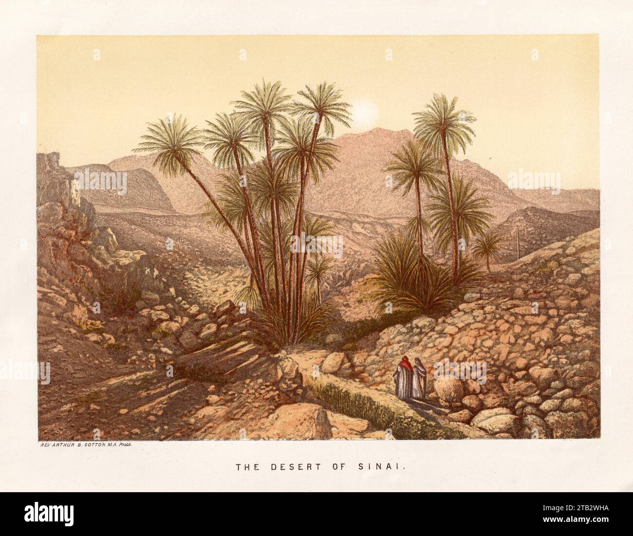 Farbige Illustration der Wüste von Sinai (Sinai-Halbinsel) aus dem Buch: „Sinai und Jerusalem; oder Szenen aus Bibelgebieten“. Von . F. W. Holland: 1870 , herausgegeben von: Society for Promotion Christian Knowledge. Stockfoto