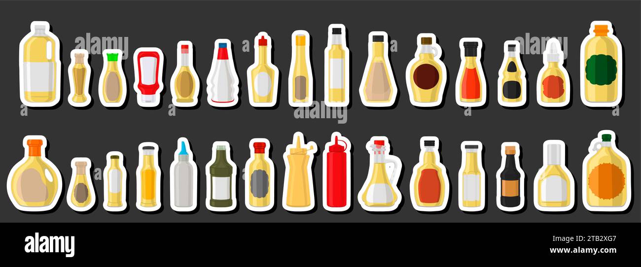 Illustration Big Kit verschiedene Glasflaschen gefüllter flüssiger Weißweinessig, Flaschen bestehend aus Weißweinessig, leere Etiketten für Titel, weiß Stock Vektor