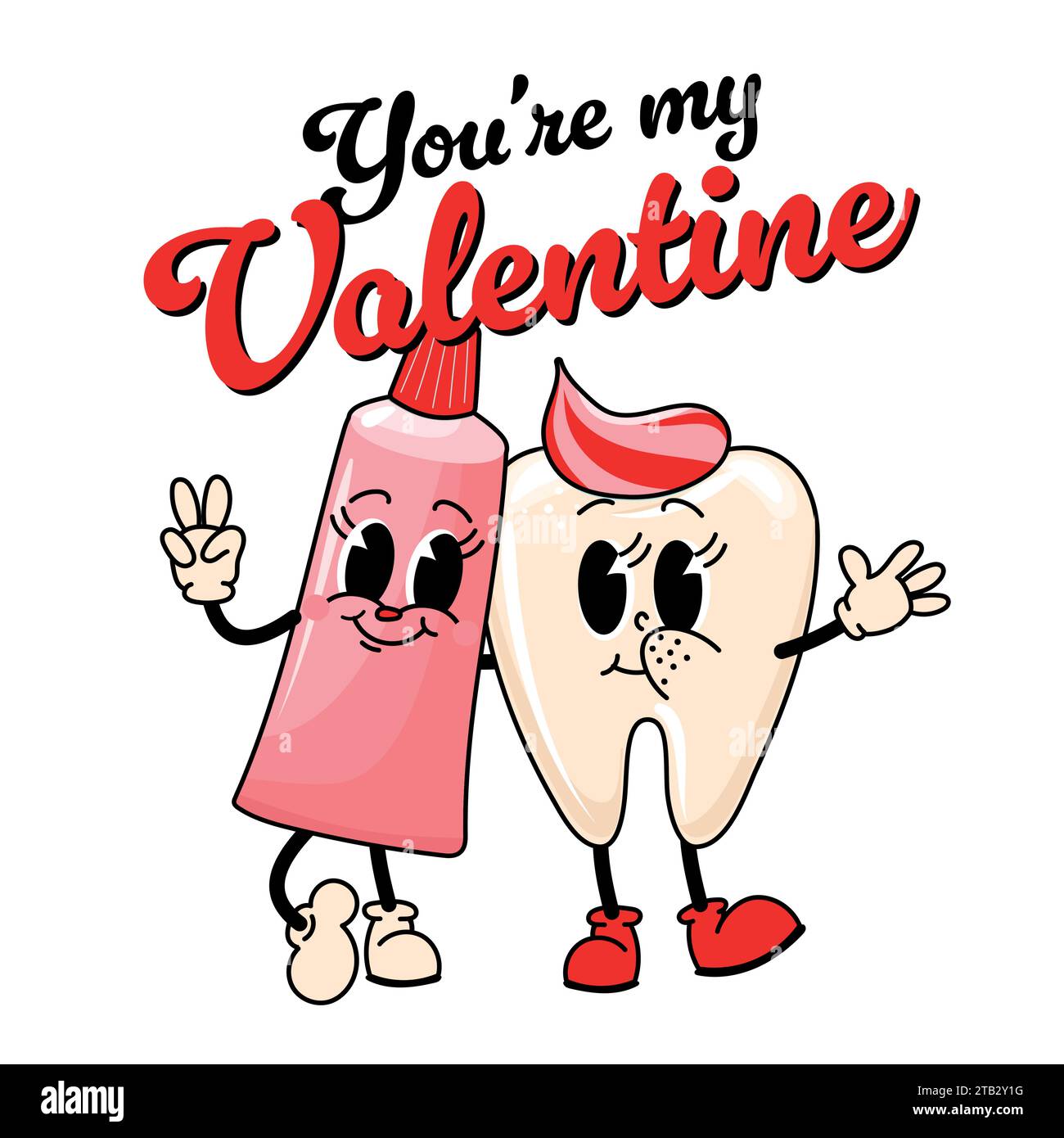 Du bist mein Valentinstag - Happy Valentine's Day Illustration mit Zahnarztsymbolen. Lustige Retro-Liebes-Grußkarte mit Vintage-Zeichentrickmolar-Charakter in g Stock Vektor