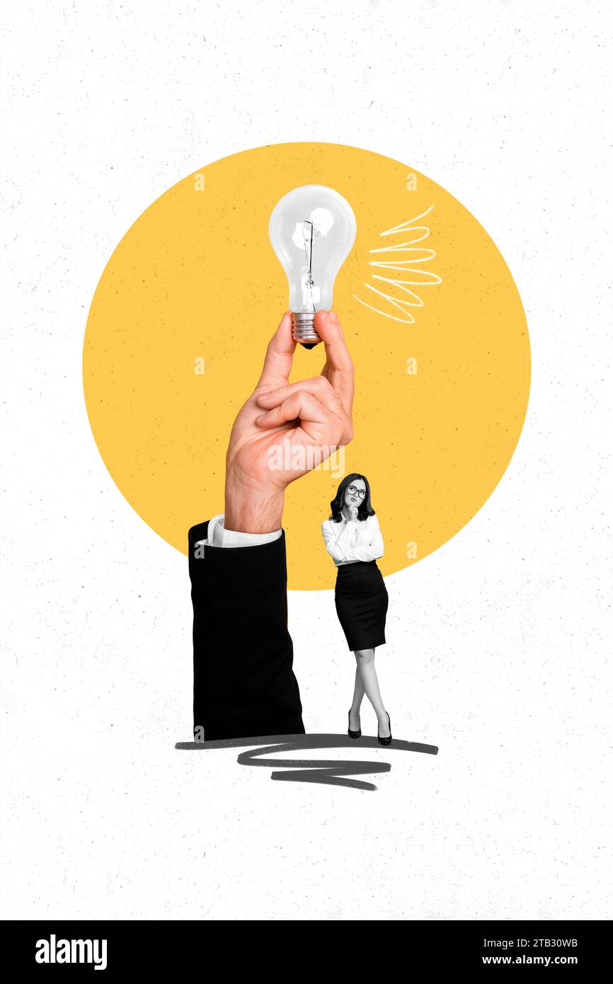 Vertikale Collage eureka Concept Business Lady Touch Kinn tiefes Denken Blick auf die Startup-Innovation von Glühbirnen isoliert auf weißem Hintergrund Stockfoto