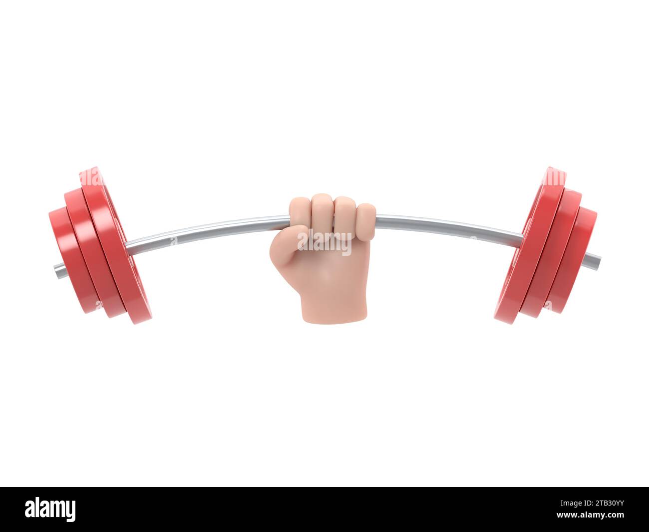 Starkes Konzept. Symbol „Barbell in Hands“. Hand eines Mannes, der eine Hantel hält. Flache 3D-Illustration. Gewichtheben, Training hart Konzept. Sportliche Fitness Stockfoto