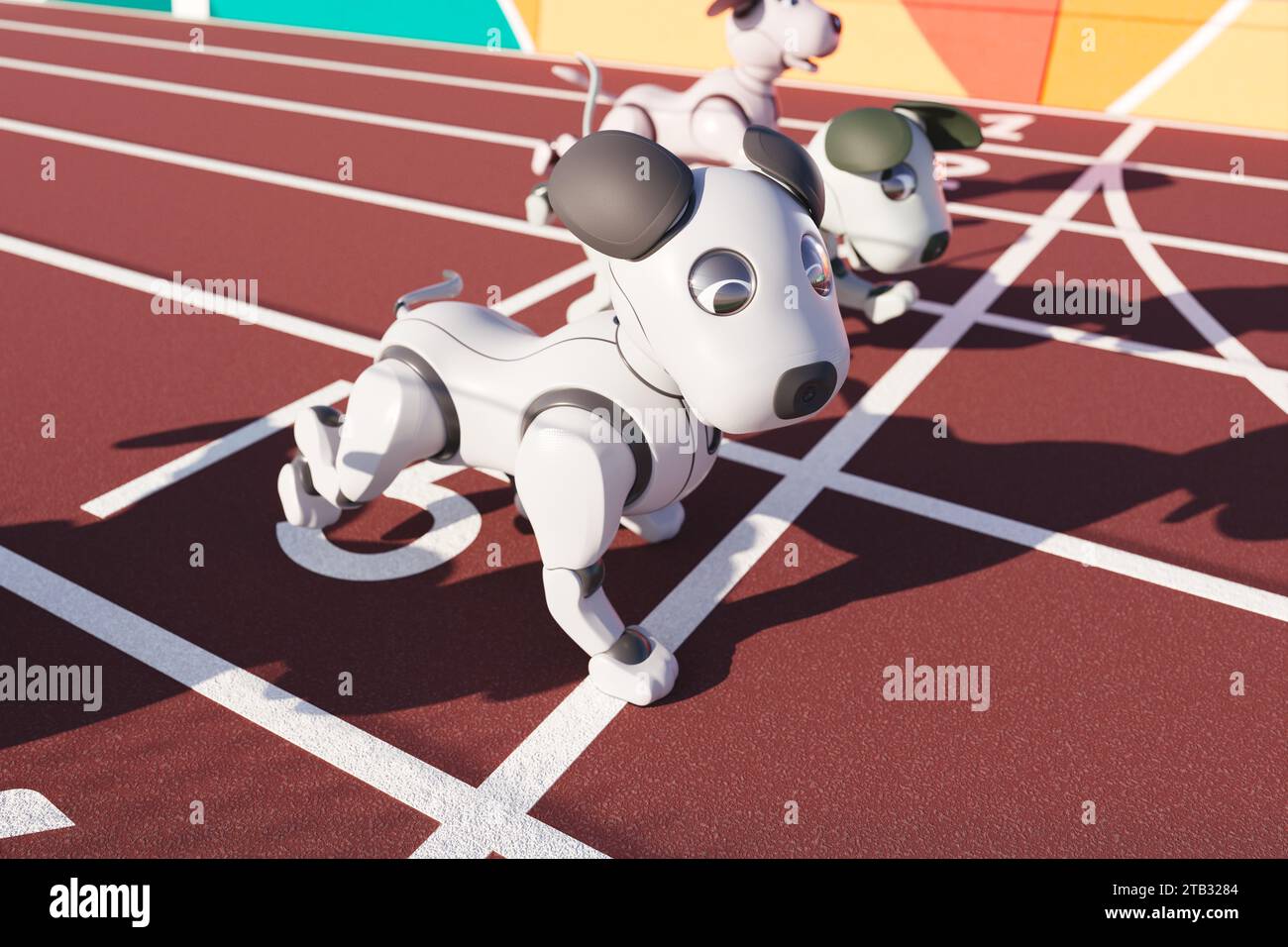 Futuristische Roboterhunde im Wettkampf auf einer modernen Leichtathletik-Rennstrecke Stockfoto