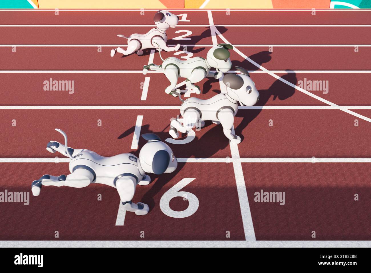 High-Speed-Roboterhunde im Wettkampf auf der Athletic Racing Track Stockfoto