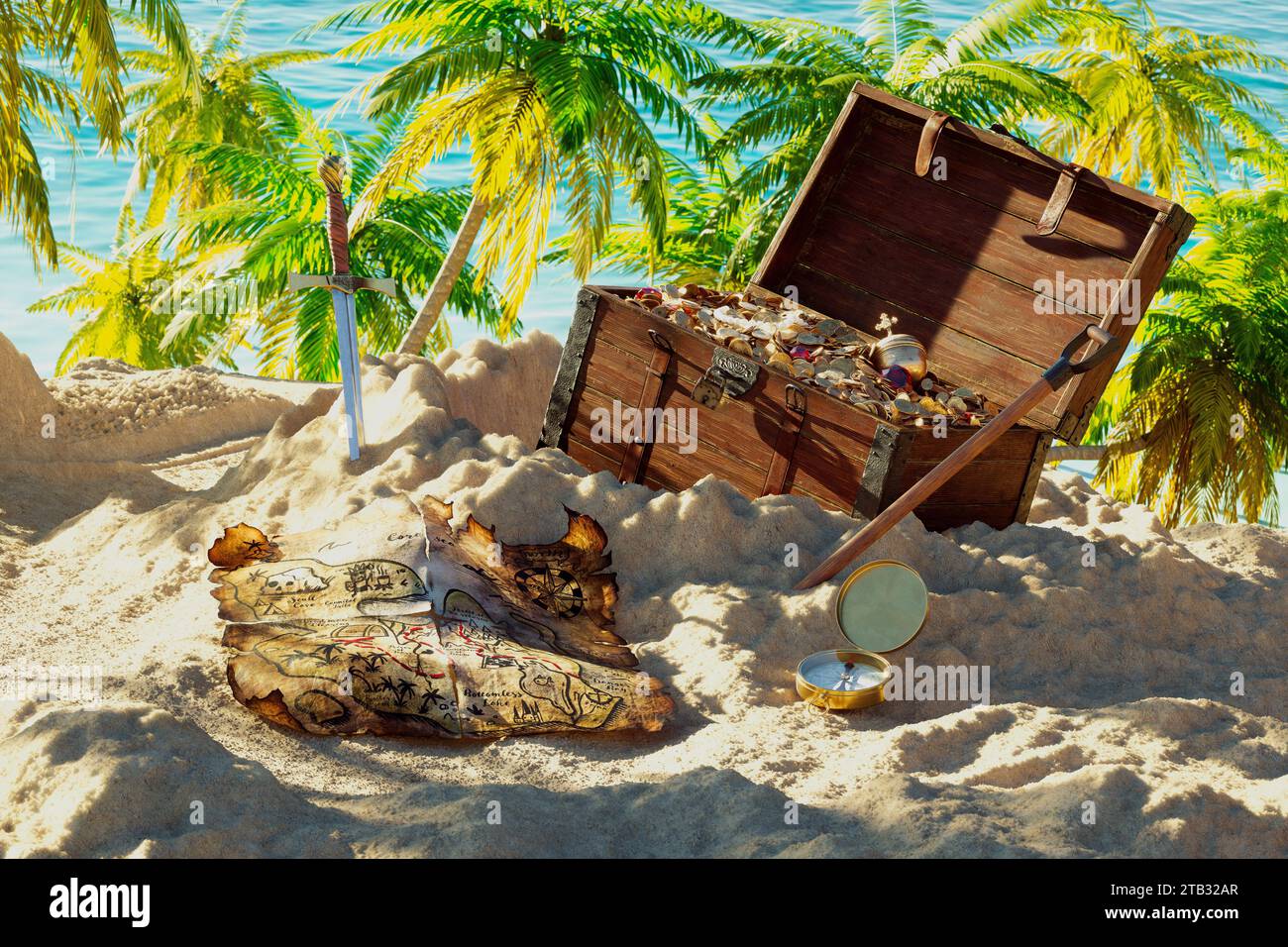Sonnenverwöhnter tropischer Strand mit einer Piratenschatzkiste und Karte Stockfoto