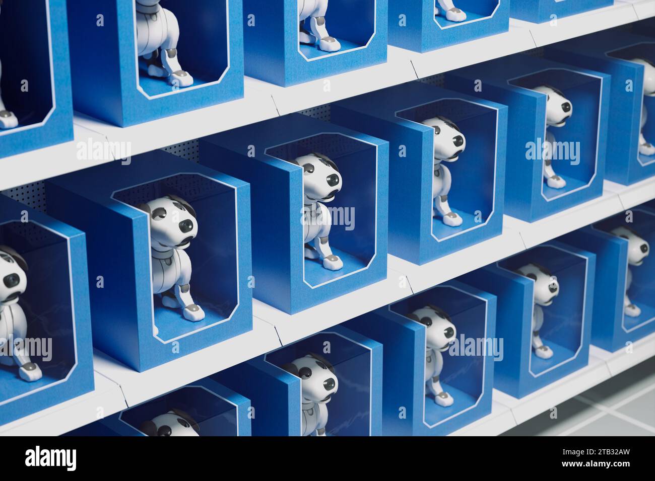 Futuristische Roboterhunde im Einzelhandelsregal in leuchtend blauer Verpackung Stockfoto