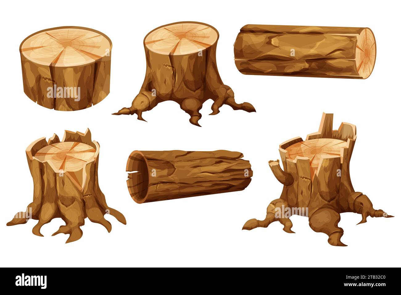 Stellen Sie den Baumstamm aus Holzstumpf mit Wurzeln, Baumstamm und geschnittenem Abschnitt im Cartoon-Stil isoliert ein. Werk detailliert. . Vektorillustration Stock Vektor
