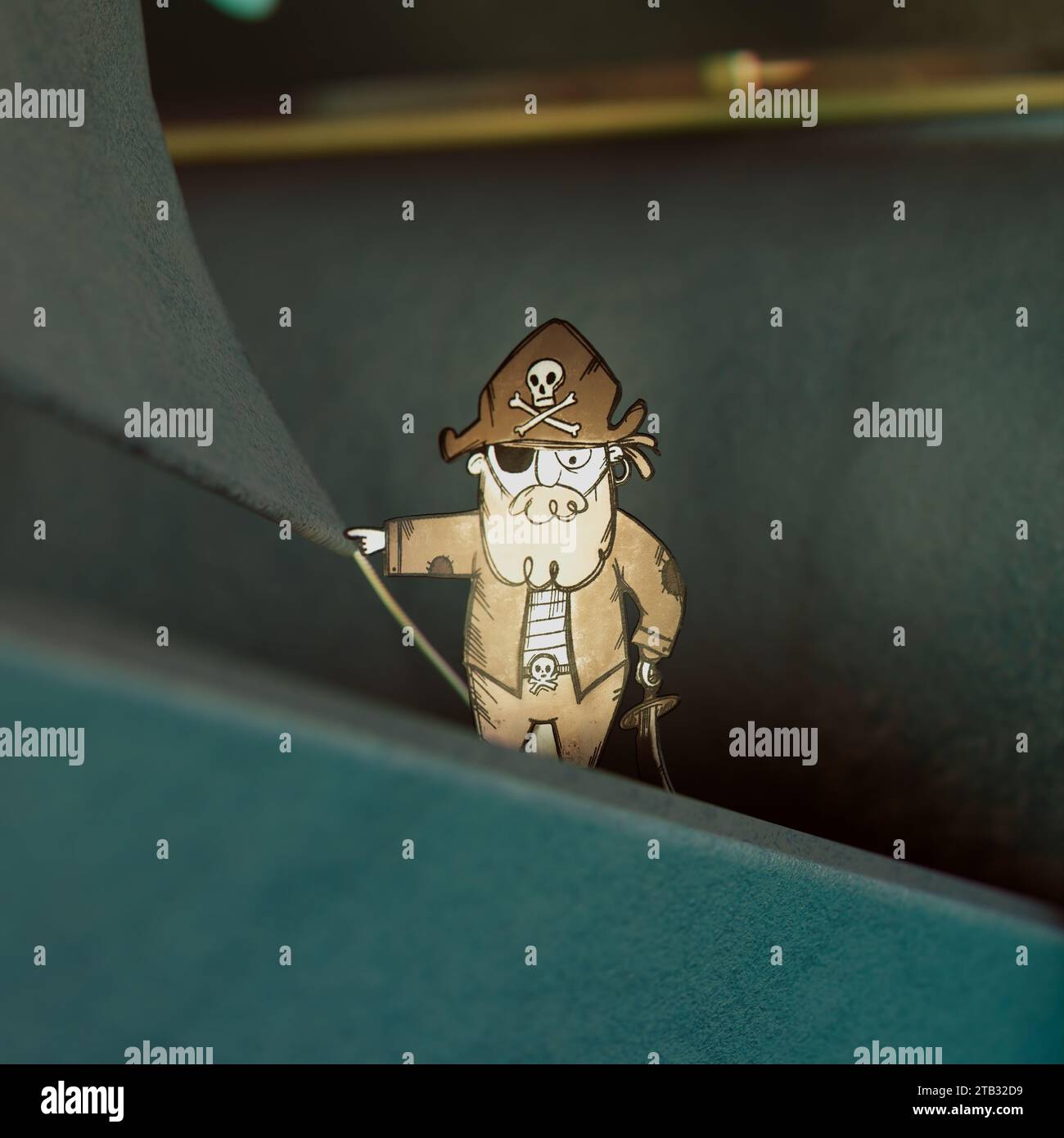 Geheimnisvoller Cartoon Pirate lauert in den Schatten mit Schatzkarte Stockfoto