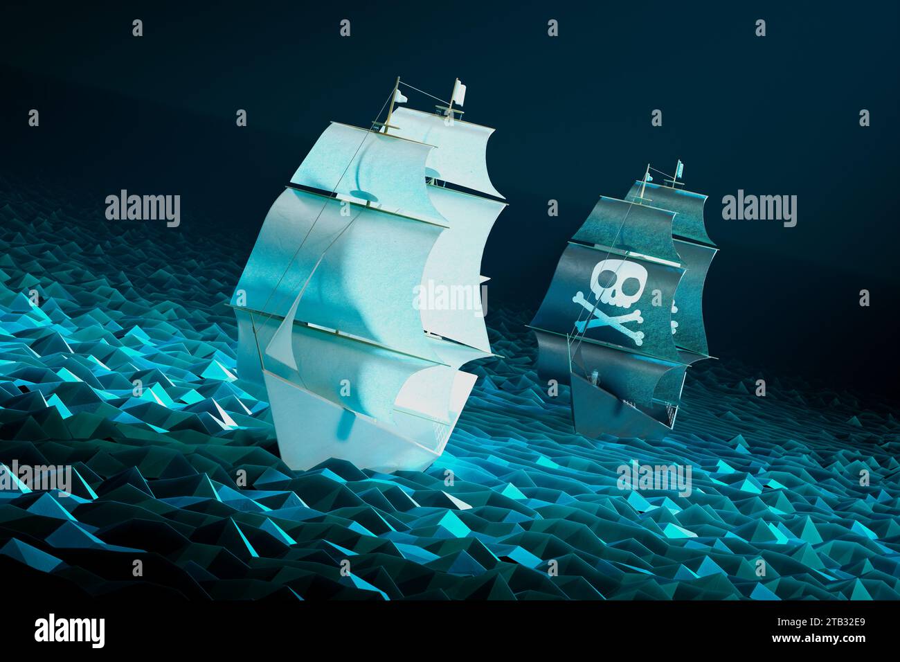 Unheimliche Geisterpiratenschiffe auf stilisierten Wellen des Mitternachtsblauen Ozeans Stockfoto