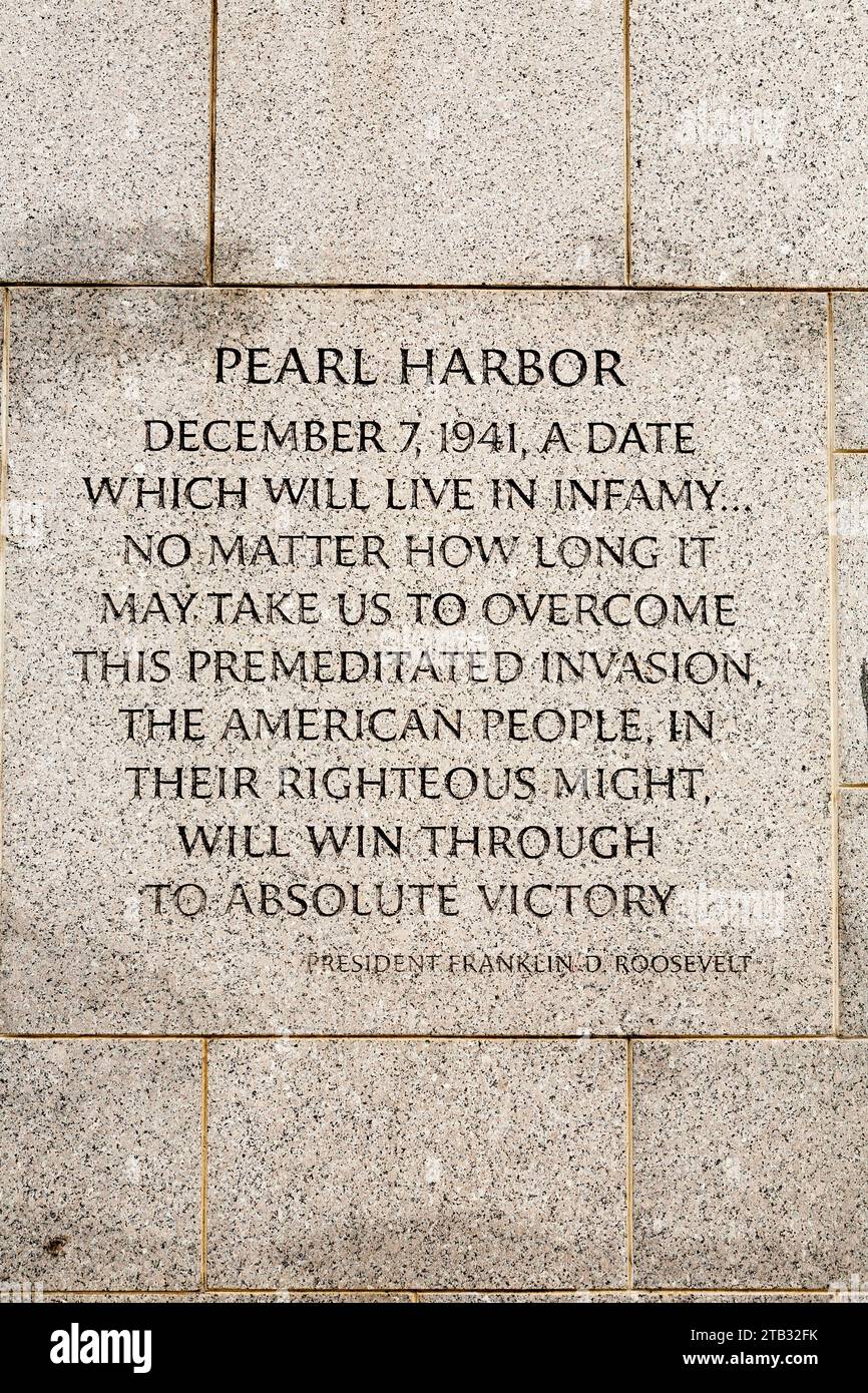 Gedenktafel zum Angriff auf Pearl Harbor am National World war II Memorial. 1750 Independence Ave SW, Washington, DC 20024, Vereinigte Staaten Stockfoto