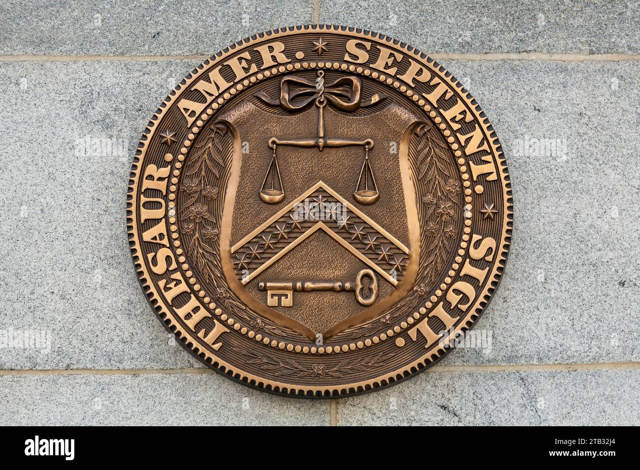 Siegel des US-Finanzministeriums. 1500 Pennsylvania Avenue NW #1428, Washington, DC 20220, Vereinigte Staaten Stockfoto
