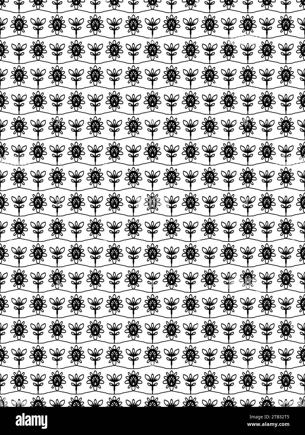 Ein nahtloses Muster aus schwarz-weißen, floralen Silhouetten mit zarten Details, die an Spitze oder Holzschnitte erinnern, Stockfoto