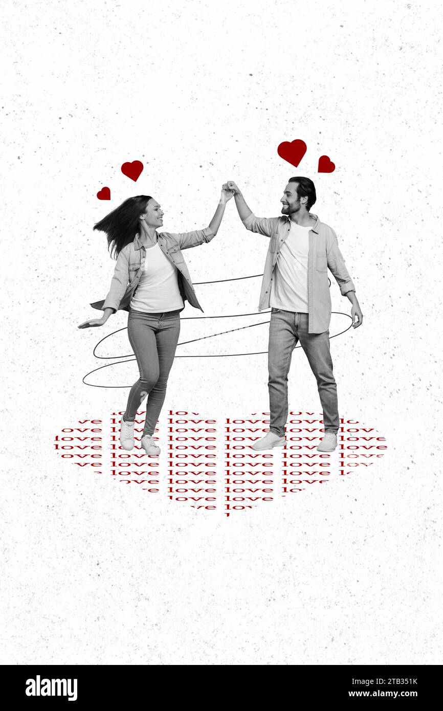 Ganzkörper-Foto-Collage von zwei jungen Leuten tanzend Party-Ehe Vorbereitung und haben etwas Spaß isoliert auf weißem Hintergrund Stockfoto