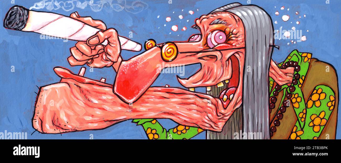 Zeichentrickkunst altes hippiges langes Haar, Liebesperlen, in blumigem Hemd, rauchender Marihuana-Joint, 1960er 1970er Generation Boomer Baby-Boomer altert schändlich Stockfoto