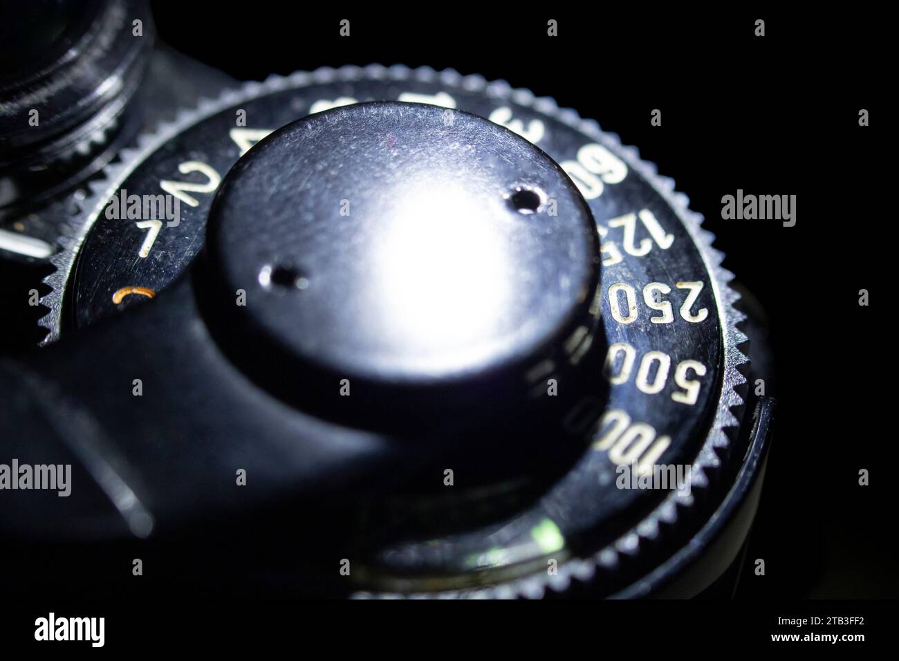 Analoge Kamera Canon AE1. Nahaufnahme technischer Teile. Stockfoto