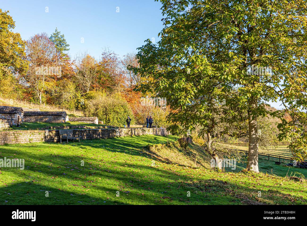 Herbstfarben in der Chedworth Roman Villa in der Nähe des Cotswold Dorfes Yanworth, Gloucestershire, England Großbritannien Stockfoto