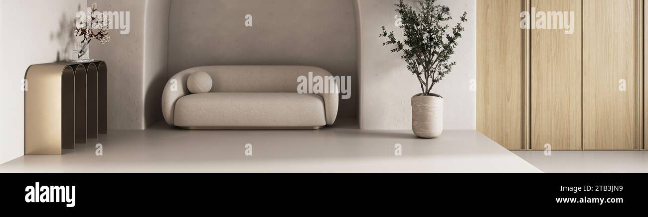 Eleganz neu definiert in einem minimalistischen Raum. Ein stromlinienförmiges Sofa, eine gewölbte goldene Konsole und ein Topfbaum, der sich in einem 3D-Rendering an einer raffinierten strukturierten Wand befindet Stockfoto