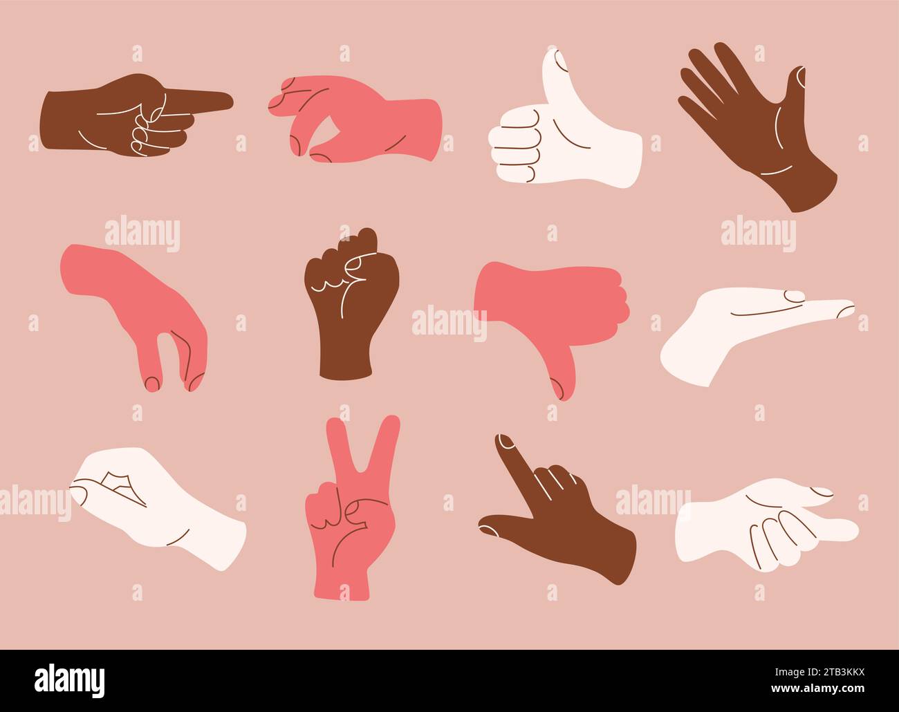 Farbset Hände geben Symbole in einem trendigen flachen Stil. Kommunikationsemoji. Vektor Hand gezeichnete Kritzelsymbole isoliert. Stock Vektor