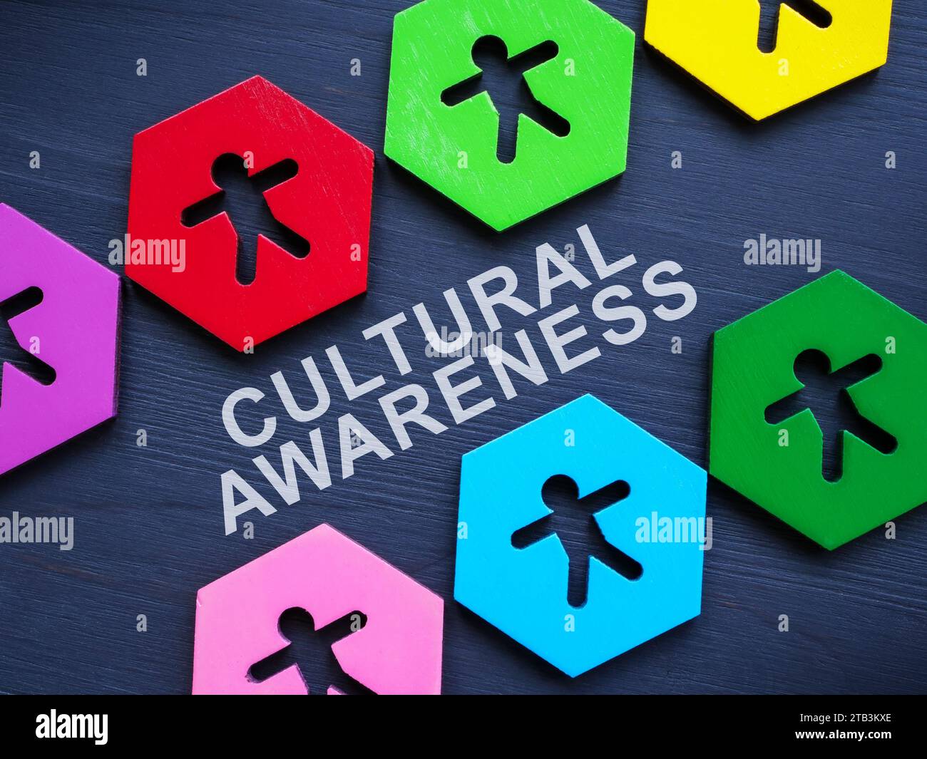 Kulturelles Bewusstsein. Mehrfarbige Figuren und Beschriftungen. Stockfoto