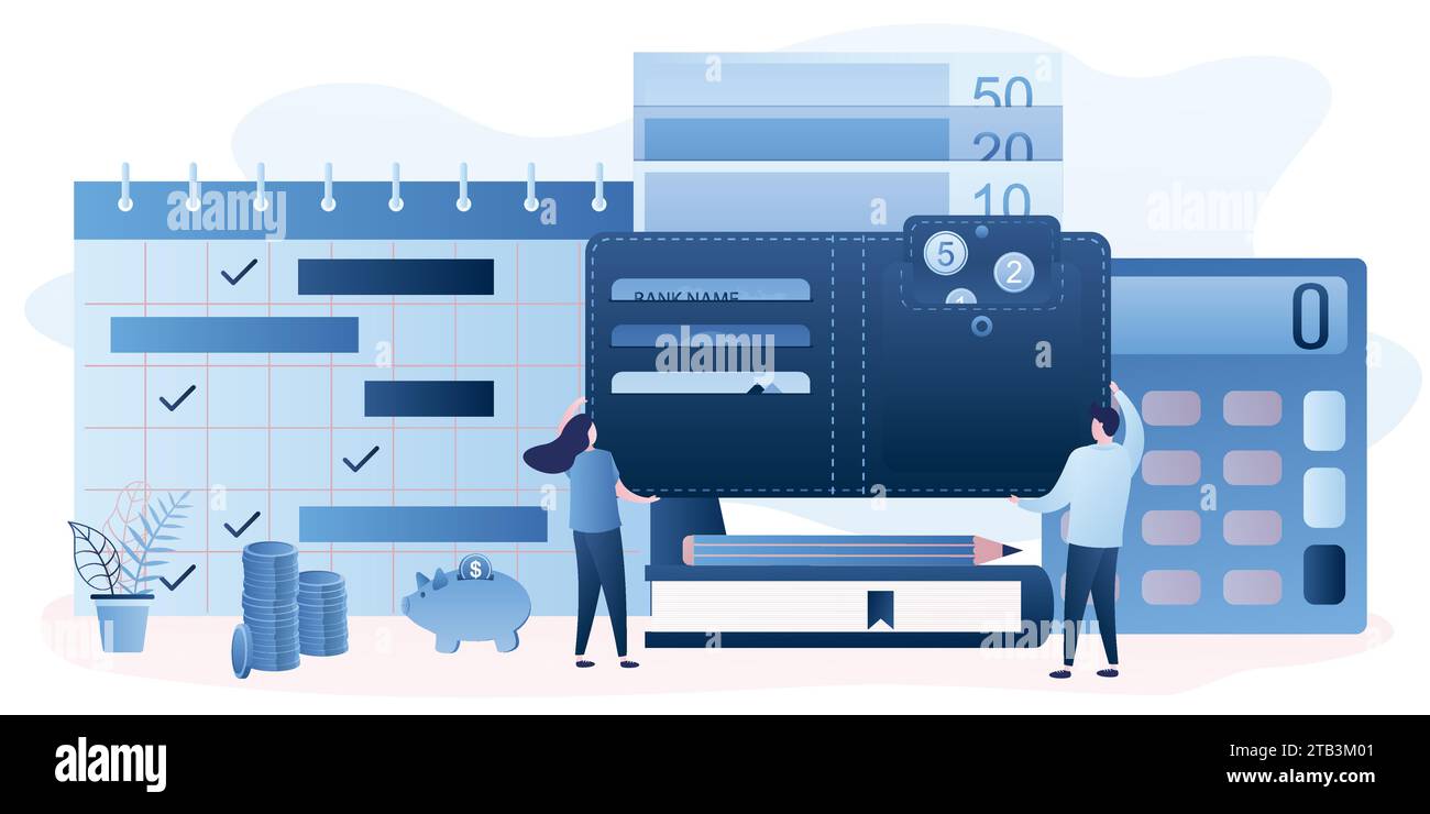 Männliche und weibliche Figur mit Geldbörse. Geldmanagement oder Familienbudget. Monatsplaner, Taschenrechner und Sparkasse. Trendiger STYLE Stock Vektor